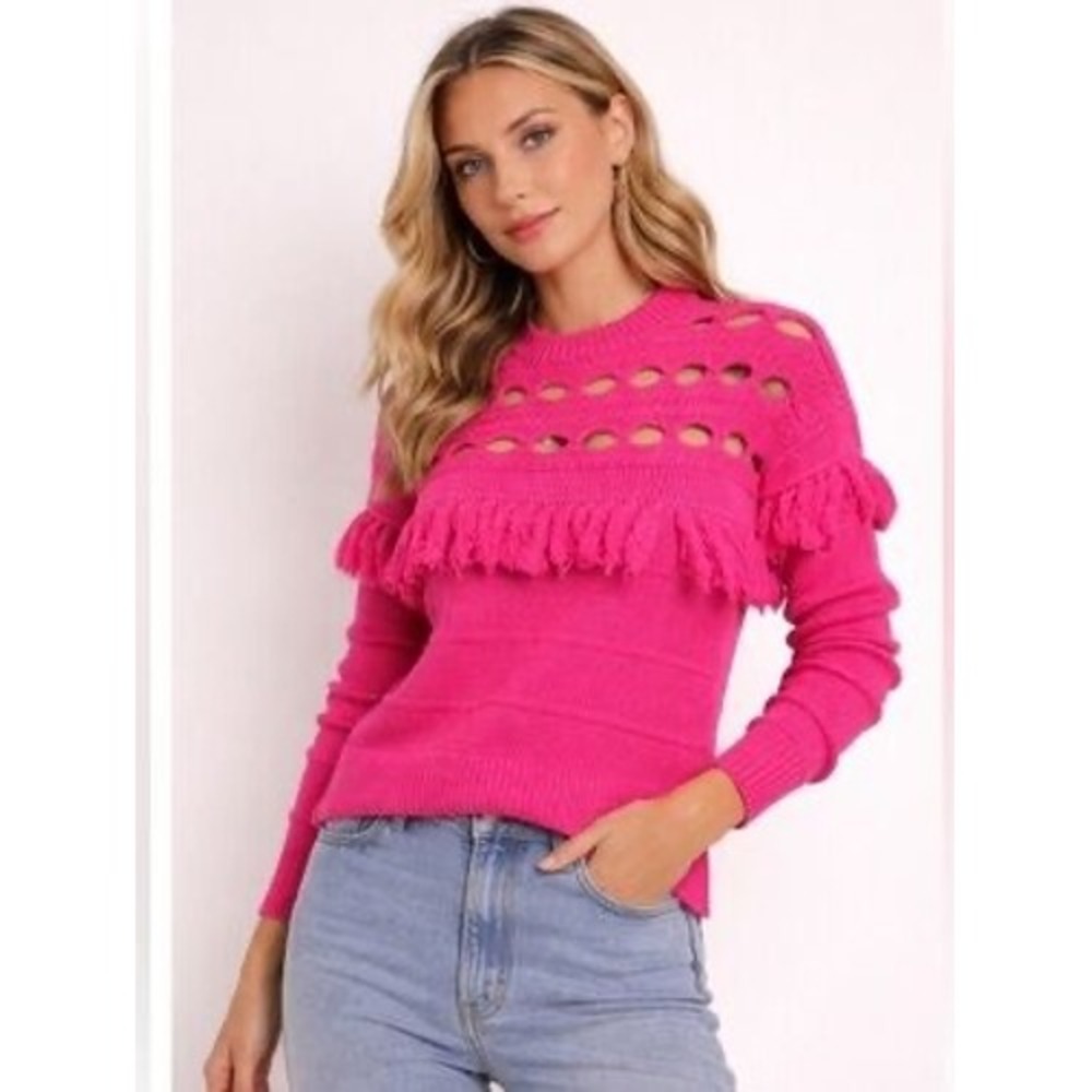 Jonathan‎ Simkhai Pink Cotton Fringe Cutout Knit Sweater RN 94992 Fuchsia S